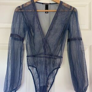 Victoria's Secret Blue Sheer Puff Sleeve Bodysuit